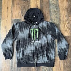 Vintage Monster Energy Full Zip Hoodie L Gray Black Dot Pattern Y2K Gorpcore